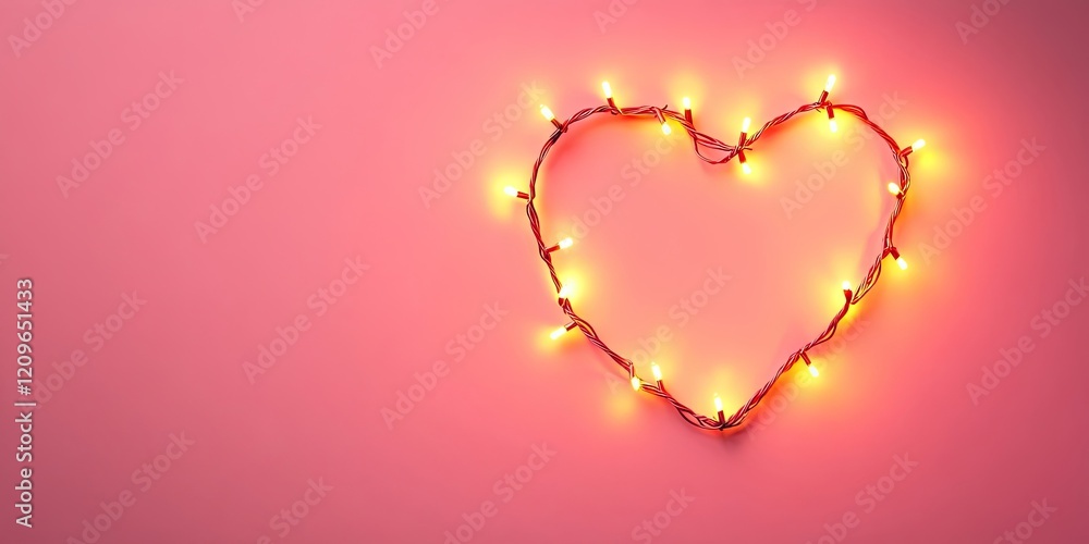 Poster illuminated heart shape made of warm string lights on soft pink background glowing softly creating a