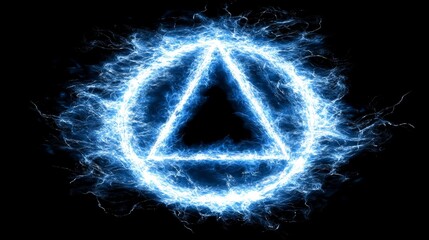 High-Resolution 3D Render of a Blue Neon Light Triangle at the Center of an Electric Portal, Surrounded by Energy Waves, Against a Black Background. Futuristic and Abstract Concept with Glowing Elemen