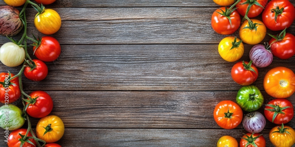 Aufkleber colorful assortment of tomatoes in red yellow and green arranged on a wooden table top view with amp