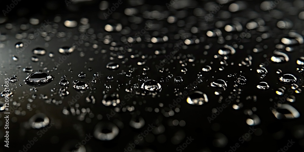 Poster water droplets scattered on a dark surface reflecting light with a smooth texture creating an elegan