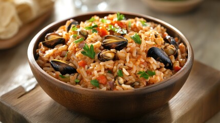 Delicious Rice and Spaghetti Dish with Mussels Topped with Fresh Herbs in Rustic Wooden Bowl