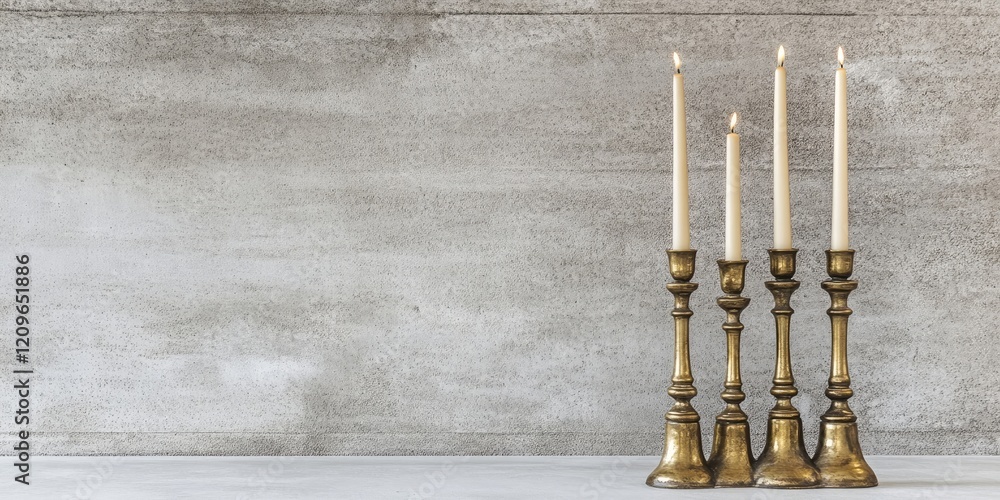 Poster brass candlestick trio with white candles on light grey concrete surface creating ample negative spa