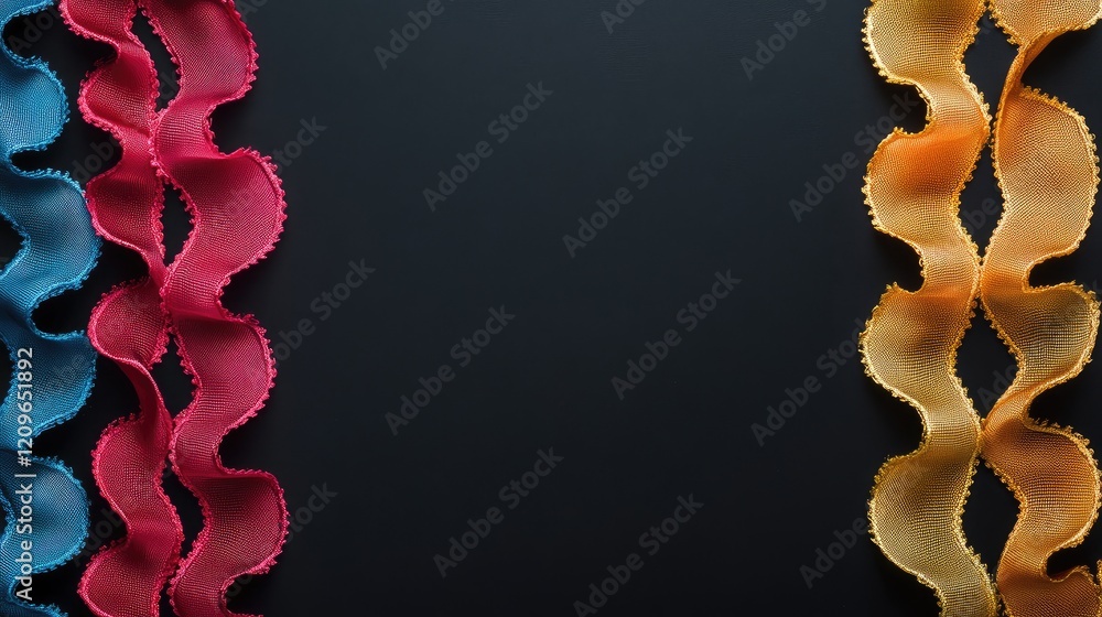 Poster colorful ric rac trim ribbons on a black background with ample space for text or design elements sui