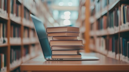 Library desk with books and laptop
