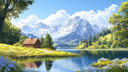 Fototapeta premium Serene rural landscape featuring a cozy cottage by a tranquil lake with majestic mountains and lush greenery in the background