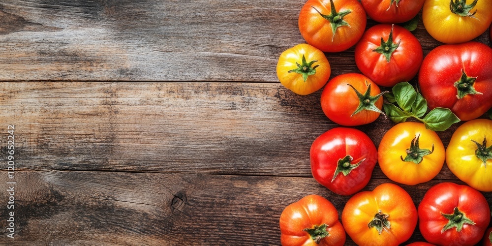 Poster vibrantly colored red and yellow tomatoes arranged on a rustic wooden table with ample negative spac