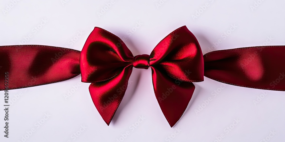 Poster vibrant deep red satin bow centered on a smooth white background with long flowing ribbon tails crea