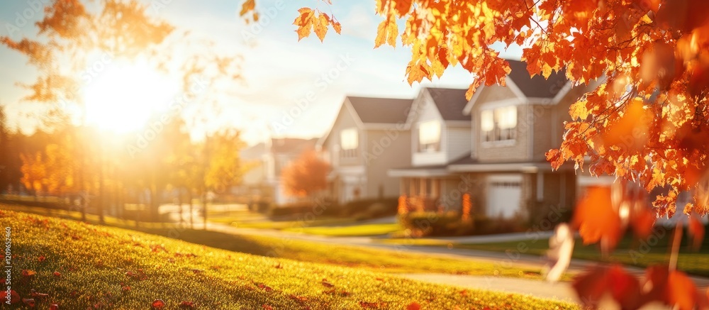 Poster residential neighborhood in autumn with colorful leaves and warm sunlight creating an inviting atmos