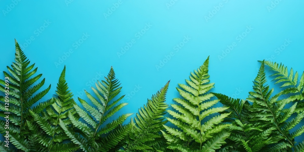 Poster vibrant green fern leaves arranged in layers against a bright blue background creating ample space f