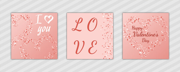 Valentine's Day abstract background with hearts pattern and text. set of modern design vector template en pink. for cover, poster, banner, backdrop, greeting, invitation, brochure, social media square