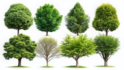 Fototapeta premium Diverse Green Trees Isolated on White Background: High-Resolution Stock Photos for Design Projects