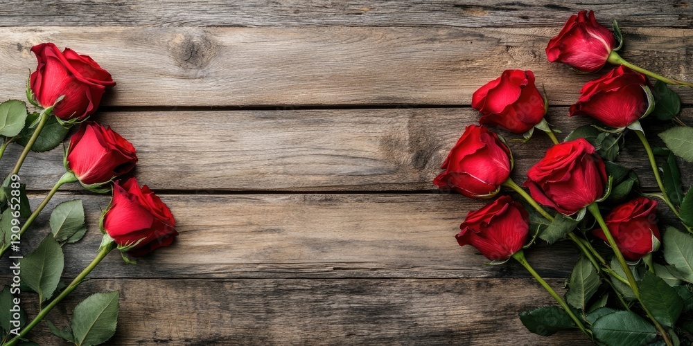 Poster red roses elegantly arranged along the edges of a rustic wooden table with ample space in the center