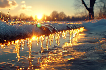 a frozen stream or lake at sunset. Icicles hang from the shoreline, reflecting the warm golden light of the setting sun. The surrounding landscape is covered in snow, creating a serene winter scene