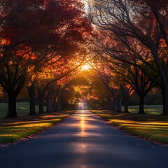 Fototapeta premium Sunlit autumn road through vibrant trees.
