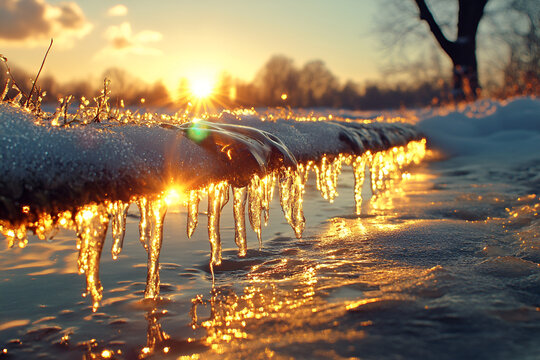 a frozen stream or lake at sunset. Icicles hang from the shoreline, reflecting the warm golden light of the setting sun. The surrounding landscape is covered in snow, creating a serene winter scene