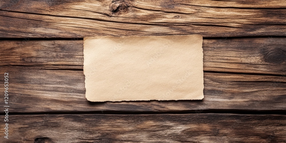 Poster vintage blank paper note with rough edges centered against a rustic wooden background featuring dark