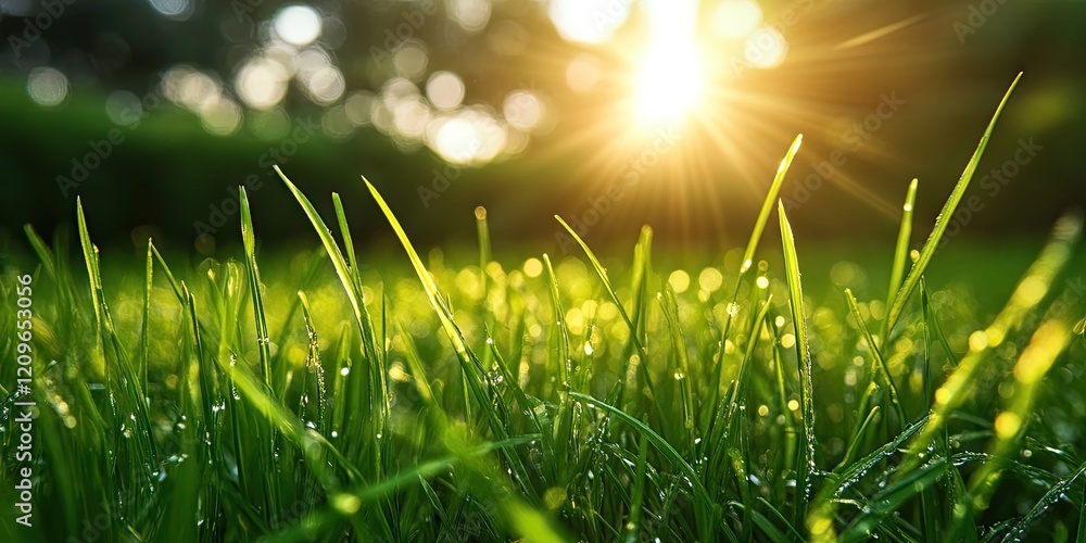 Poster Sunlit dew-covered grass with vibrant green blades glowing under soft sunlight, blurred background of trees creating a tranquil nature scene.