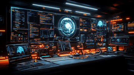 futuristic dark control room with glowing screens, complex data visualizations, and orange accent lighting, surrounded by monitors in a high-tech environment	