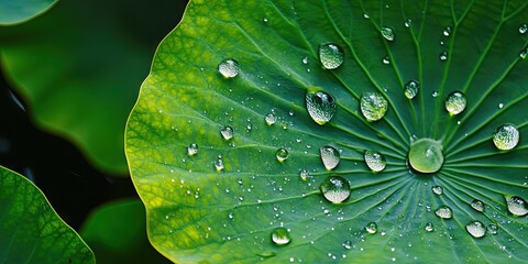 Vibrant green lotus leaf with water droplets scattered across its surface highlighting intricate leaf texture in a fresh natural setting.