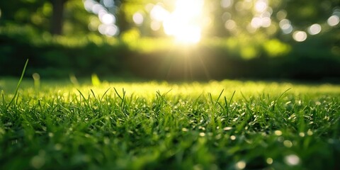 Naklejka premium Vibrant green grass with sunlight glow creating shallow depth of field in background focusing foreground blades lush field serene nature scene