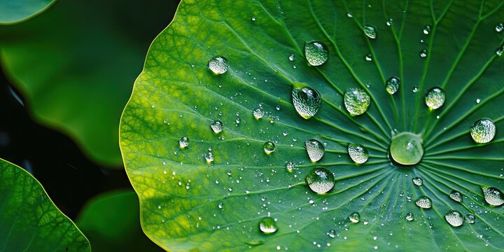 Vibrant green lotus leaf with water droplets scattered across its surface highlighting intricate leaf texture in a fresh natural setting. - Powered by Adobe
