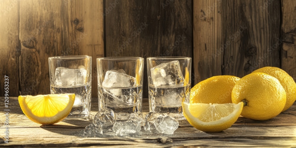 Poster vodka shot glasses with ice and lemon slices arranged on a rustic wooden table illuminated by soft s