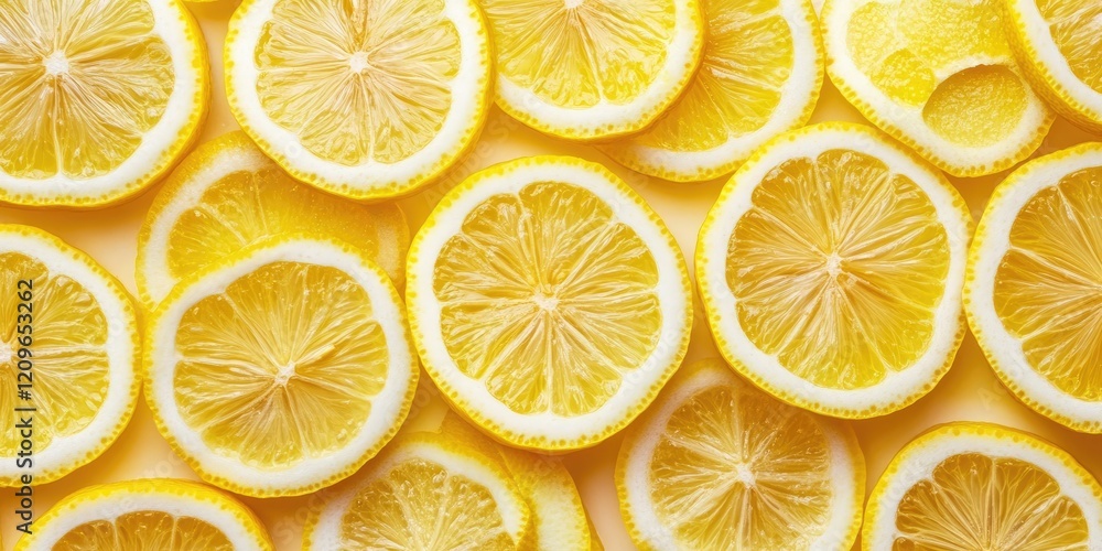 Poster vibrant yellow lemon slices arranged in a flat lay style on a light yellow background creating ample