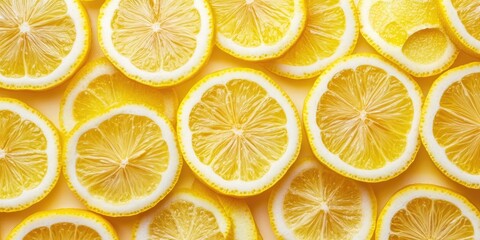 Vibrant yellow lemon slices arranged in a flat lay style on a light yellow background creating ample space for text and graphic designs.