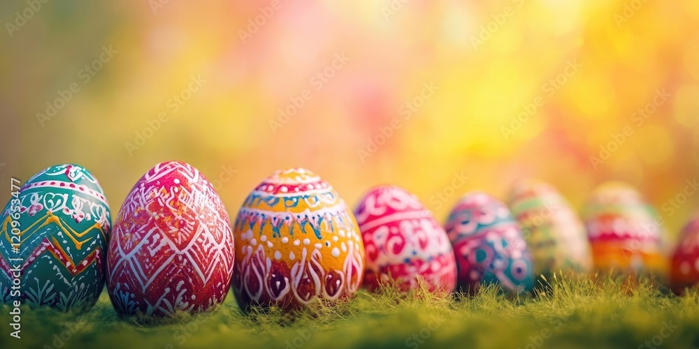 Poster colorful decorated easter eggs in vibrant hues arranged in a row on green moss with a blurred warm b