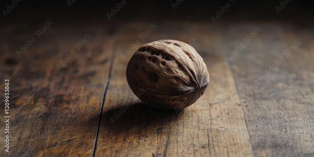 Poster walnut in its shell positioned centrally on a rustic wooden surface with warm brown tones and soft l