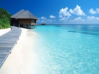 Fototapeta premium White sand beach with turquoise water and palm trees in the Maldives