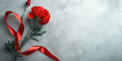 St George ribbon and vibrant red carnation on textured concrete background with ample copy space for commemorating Victory Day and the Second World War