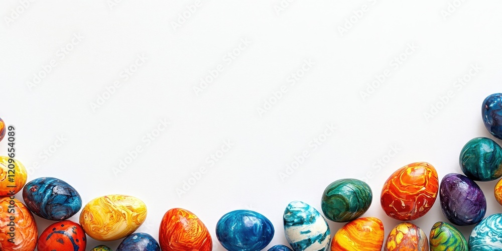 Poster handmade vibrantly colored easter eggs in a decorative border along the bottom edge on a white backg
