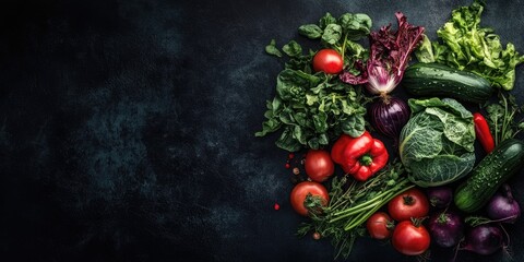 Vibrant assortment of fresh vegetables including tomatoes, peppers, and greens arranged in a circular layout on dark textured background.