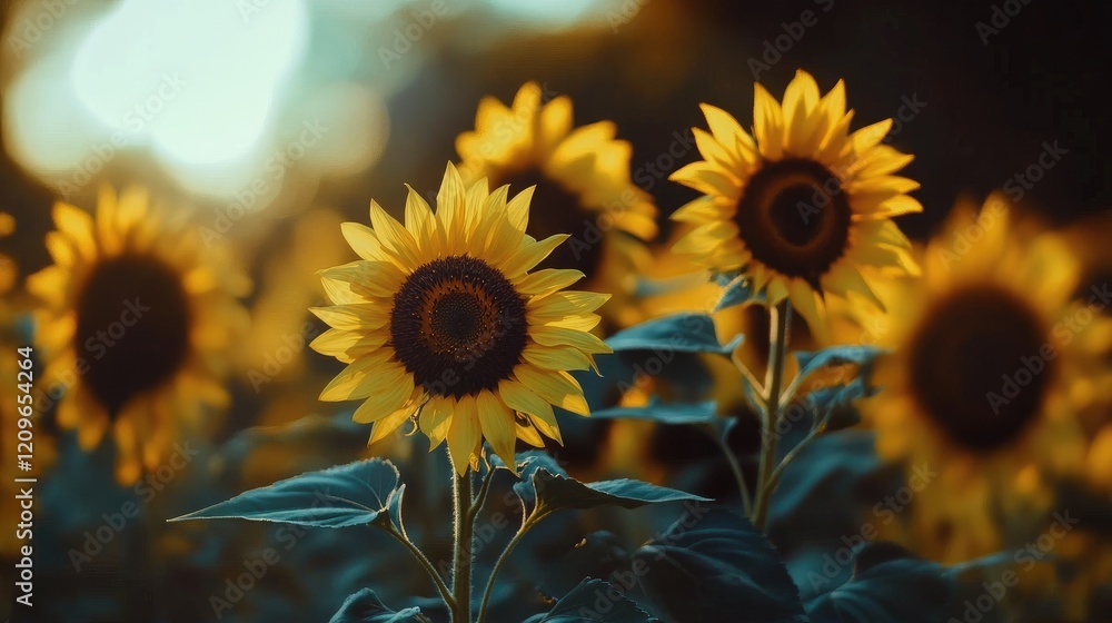 Poster vibrant sunflower field at dusk with soft bokeh creating a peaceful, minimalist nature scene emphasi