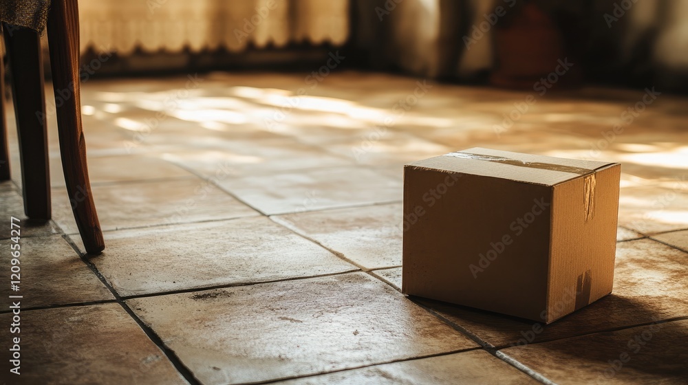 Aufkleber cardboard box on tiled floor with scuff marks and dirt in a sunlit room providing empty space for te