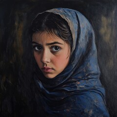 Refugee Girl in Blue Headscarf Gazing Intently Against Dark Background with Underwater Plane Wreck Theme Featuring Blank Space for Text