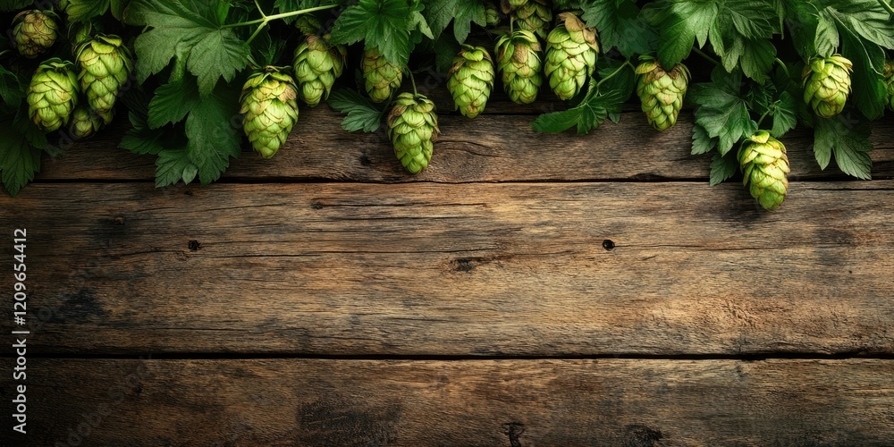 Aufkleber vibrant green hop cones artfully arranged against a rustic wooden table backdrop with ample space fo