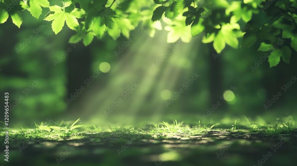 Poster lush green forest floor with soft natural lighting and sunlight filtering through leaves creating a 