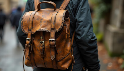 Hombre con una mochila antigua de piel y adornos