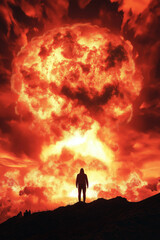 A lone observer standing on a hill, watching a massive nuclear explosion unfold on the horizon, intense fiery colors dominating the scene.