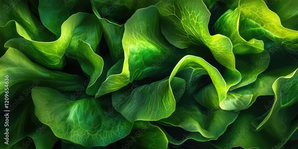 Poster fresh vibrant green lettuce leaves arranged in a wave pattern with a dark background providing space