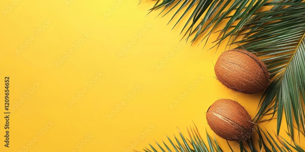 Poster stylish palm leaves in green contrasting with two coconuts on the bright yellow background creating 