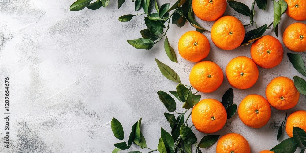 Poster vibrant tangerines arranged in a top view flat lay on a light grey surface with fresh green leaves p