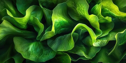 Obraz premium Fresh vibrant green lettuce leaves arranged in a wave pattern with a dark background providing space for text and emphasizing the lush texture