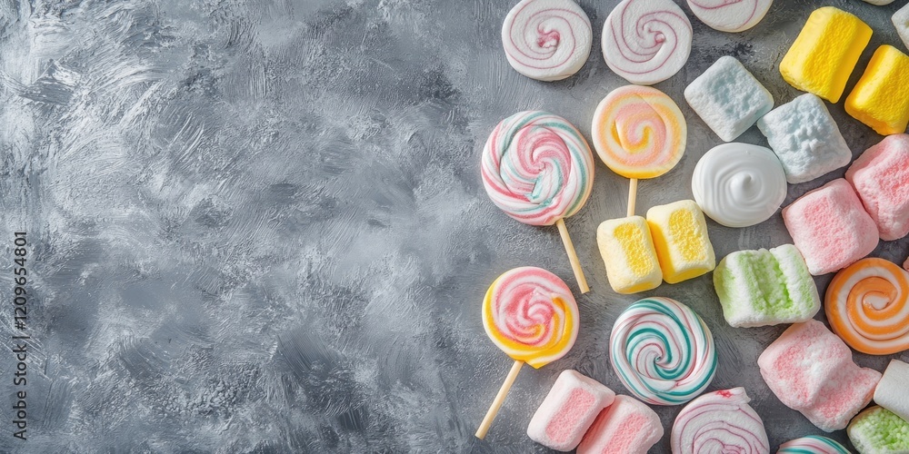 Poster colorful assortment of marshmallows and lollipops on a grey textured background with plenty of copy 