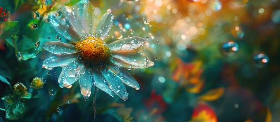Fototapeta premium Dew-kissed daisy in vibrant garden.