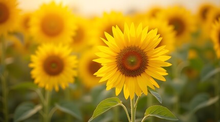 Obraz premium Vibrant Sunflower Field at Sunset Stunning Nature Photography