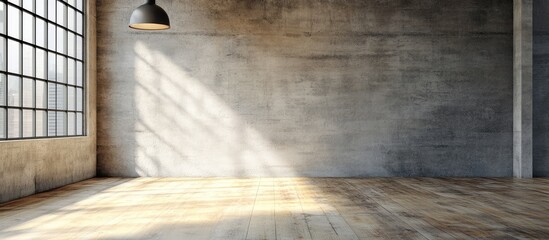 Stylish Industrial Loft Apartment Interior Featuring Concrete Walls and Wooden Floor with Natural Light Streaming Through Large Windows