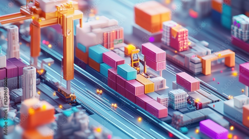 Poster colorful low-poly 3d rendering of a busy port with containers, cranes, and vehicles.